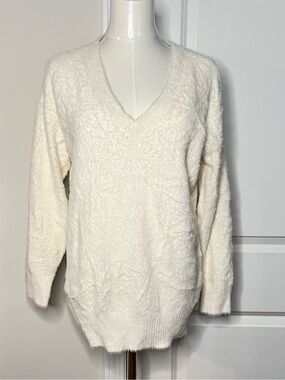 By Anthropologie Off White V-Neck Eyelash Tunic Soft Cozy Lounge Sweater Sz XS